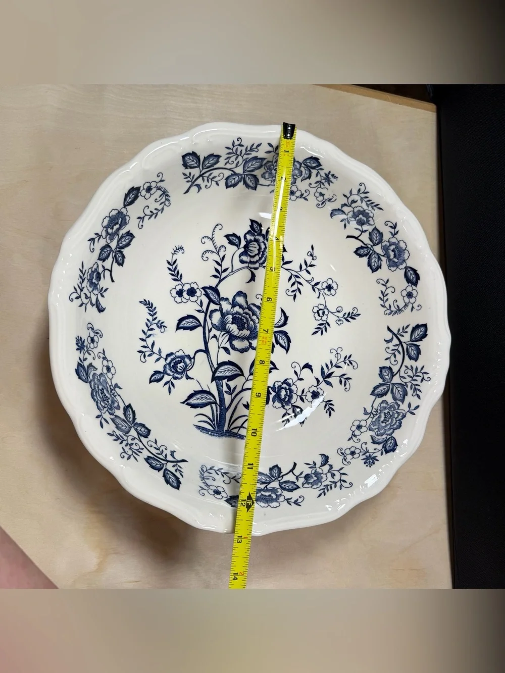 Vintage Blue Peony Hand-Painted 13” Serving Bowl Japan, Cream & Blue